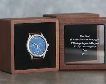 Metal Watch & Glass Top Walnut Gift Box - Mens 5th Anniversary Gift for Husband, Wedding Day Gift for Him Boyfriend Dad Son Brother