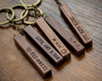 Wood Bar Key Chain - Custom 4 Sided Engraved Keychain for New Home Car, Father's Day Gift for Mom Dad Grand pa Husband From Kids,  Dad Gift