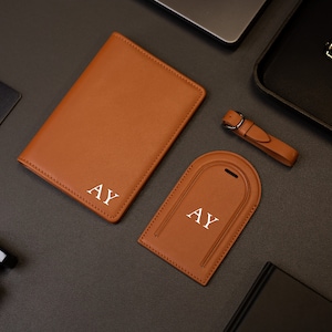 Embossed Leather Passport Holder & Embossed Luggage Tag (SET) - Personalized Travel Card Wallet, 3rd Wedding Anniversary Retirement Gift