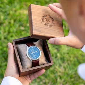 Engraved Metal Watch & Walnut Gift Box (SET) - Mens Leather Watches Anniversary Wedding Day Husband Boyfriend Dad Groomsmen Groom Gifts