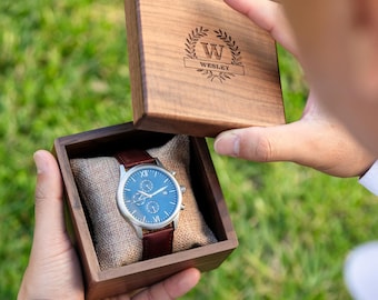 Engraved Metal Watch & Walnut Gift Box (SET) - Mens Leather Watches Anniversary Wedding Day Husband Boyfriend Dad Groomsmen Groom Gifts
