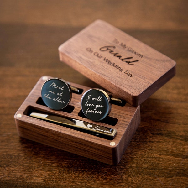 Engraved Metal Cufflinks, Tie Clip & Rectangle Gift Box Set - Wedding Day Gifts Groom Fiancé Husband Birthday Anniversary Gift from Bride