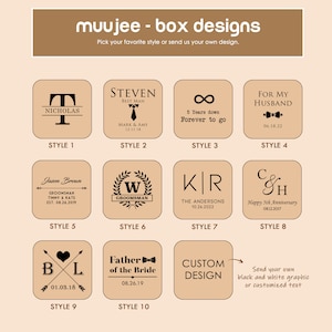 Puede incluir: Diez estilos diferentes de dise&ntilde;os de cajas de madera para grabar. Cada caja presenta un dise&ntilde;o diferente, incluyendo una corbata, un s&iacute;mbolo de infinito, anillos de boda y un coraz&oacute;n con flechas. El texto en las cajas incluye nombres, fechas y mensajes.