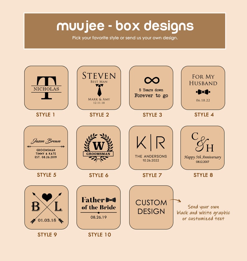 Puede incluir: Diez estilos diferentes de dise&ntilde;os de cajas de madera para grabar. Cada caja presenta un dise&ntilde;o diferente, incluyendo una corbata, un s&iacute;mbolo de infinito, anillos de boda y un coraz&oacute;n con flechas. El texto en las cajas incluye nombres, fechas y mensajes.