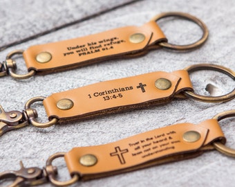 Personalized Leather Key Chain FOB - Travel Bag Tag Keychain, Bible Verse or Inspirational Quote Keychain, Father's Day Gift for Friends