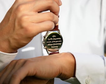 Engraved Metal Watch w/ Wine Leather Strap & Gift Box - Personalized Message Mens Watch Wedding Anniversary Gift Fiance Husband Dad Son