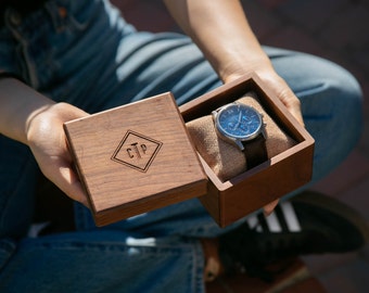 Metal Watch & Walnut Gift Box - Mens Watch, 5th Anniversary Gift Husband, Wedding Groomsmen, Wedding Day Gift for Dad Son Brother Boyfriend