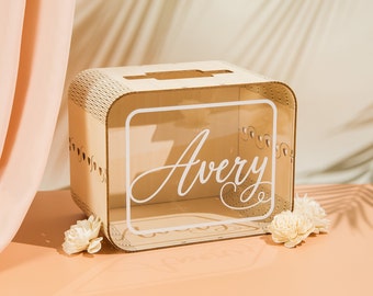Personalized Wood & Acrylic Wedding Card Box (Design 3) , Boho Wedding Decor, Couples Gift Box, Unique Card Box with Slot, Memory Box