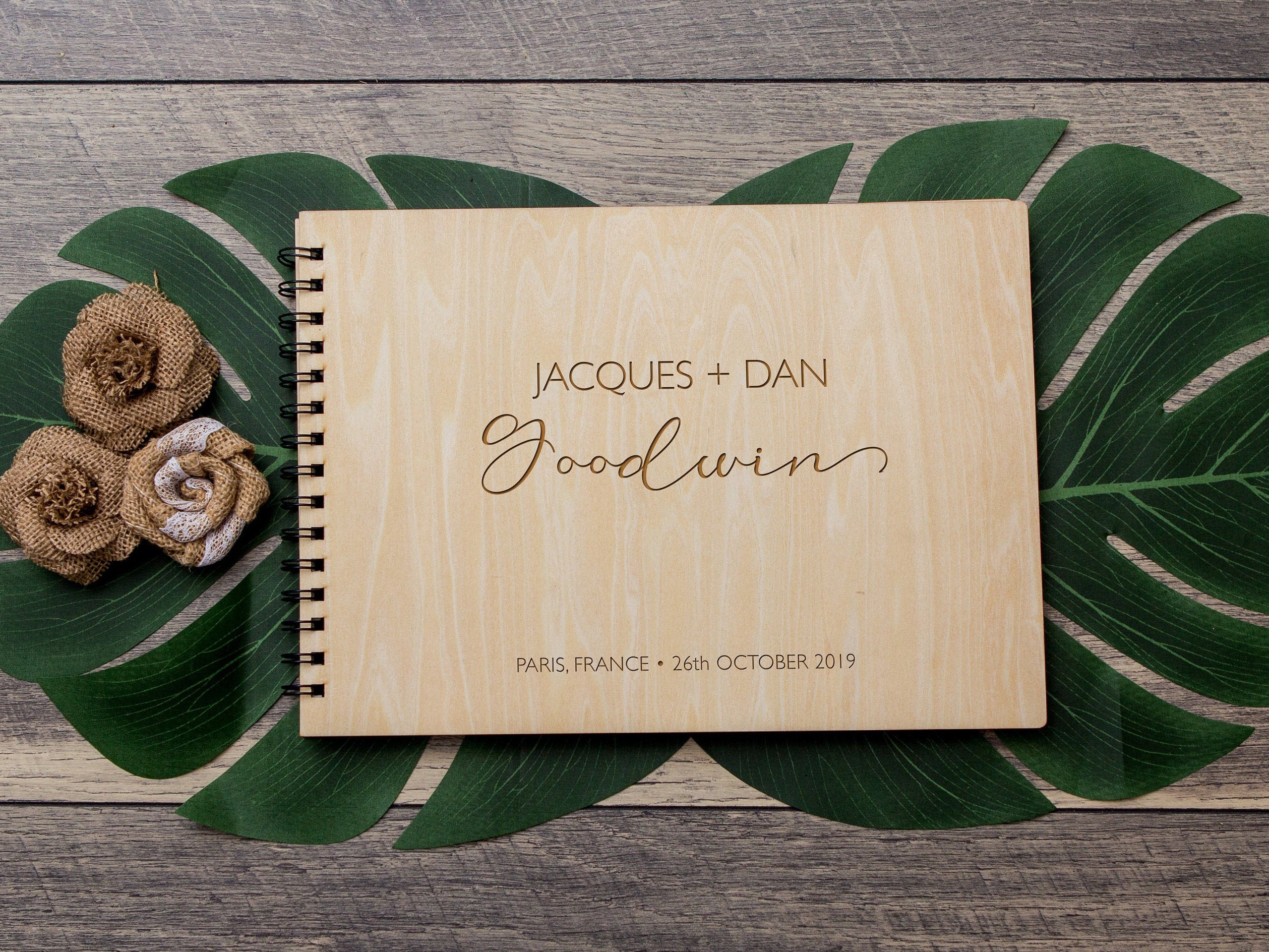 Spiral Guestbook Engraved Wood Wedding Guest Book, Custom Signing