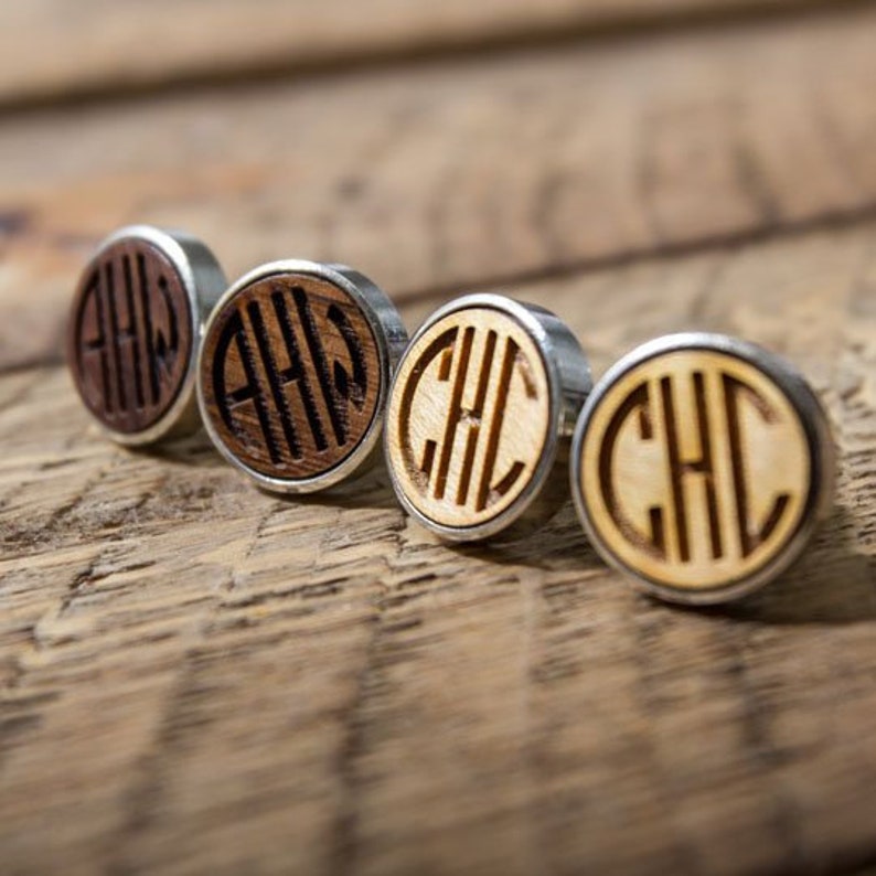 Monogram Wood Cuff links Wooden Wedding Cuff links Groom Dad Groomsmen, 5th Anniversary Wood Gift for Husband, Boyfriend, Father's Day image 1