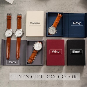 Engraved Metal Watch w/ Tan Leather Strap & Gift Box - Personalized Message Mens Watch Wedding Anniversary Gift Fiance Husband Dad Son bild 8