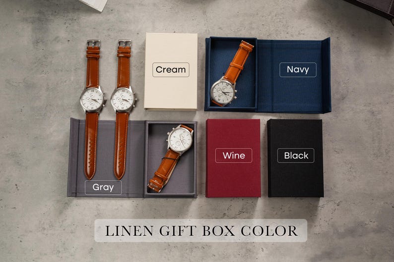 Engraved Metal Watch w/ Tan Leather Strap & Gift Box - Personalized Message Mens Watch Wedding Anniversary Gift Fiance Husband Dad Son bild 8
