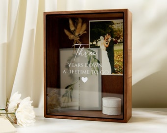 8x10 Shadow Box with Glass Lid (Design 3) - Unique Customized Wedding Anniversary Wood Gift for Husband Wife Memory Keepsake Display Case