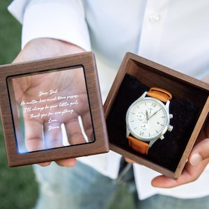 Metal Watch & Glass Top Walnut Gift Box - Mens 5th Anniversary Gift for Husband, Wedding Day Gift for Him Boyfriend Dad Son Brother Best Man