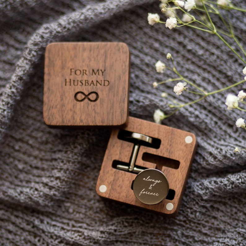 Metal Cufflinks Engraved Box Optional, Custom Wedding Day Cuff links for Groom Dad Father of the Bride, Wood Anniversary Gift for Husband image 1