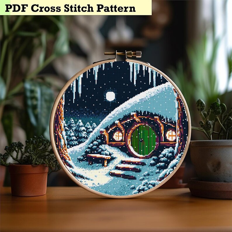 Winter Evening in the Shire - Cross Stitch Pattern Decor for Christmas image 1
