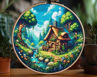 May include: A cross stitch pattern of a charming cottage nestled in a lush green forest with a blue sky and white clouds. The cottage has a thatched roof and a small porch. A stream flows through the forest, and there are rocks and flowers scattered throughout the scene.