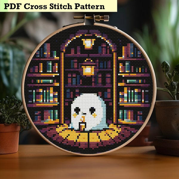 Cute Ghost in the Library - Cross Stitch Pattern Decor