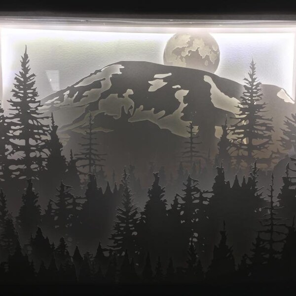 Mountain Night Scene Paper Cut Light Box Template Download SVG PNG PDF Forest