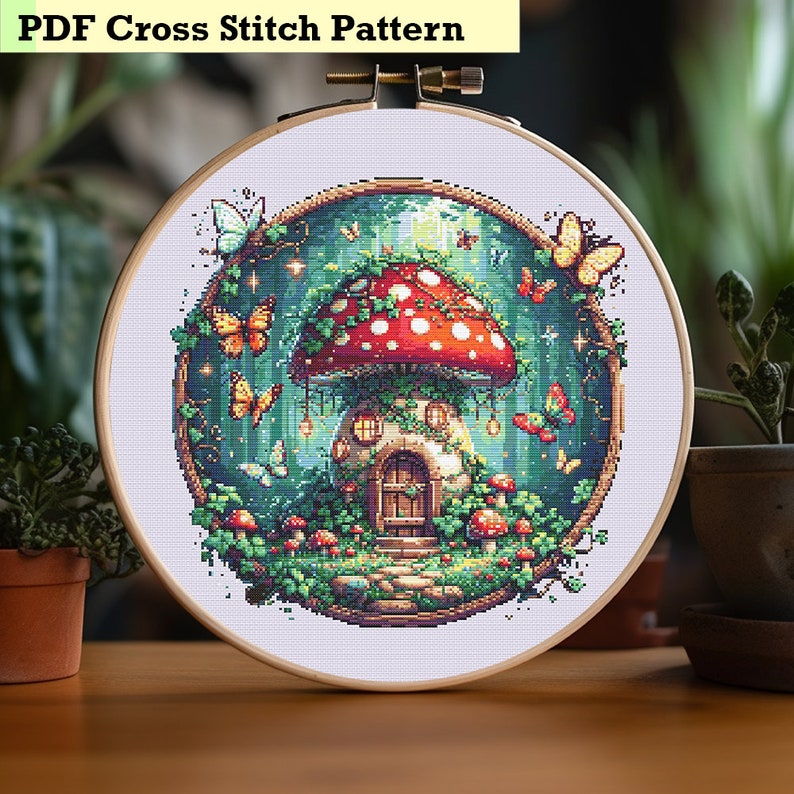 Magical Fairy Mushroom House Cross Stitch Pattern Decor image 1