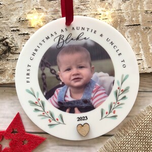 Personalised First Christmas as Auntie & Uncle Photo Decoration or any relation, WITH GIFT BAG
