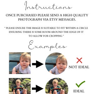 May include: An instructional graphic titled PHOTO KEEPSAKES Instructions. It explains that customers should send a high-quality photograph via Etsy messages, ensuring the image fits within a circle with room for cropping, shown with two examples.
