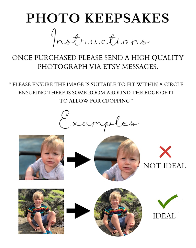 May include: An instructional graphic titled PHOTO KEEPSAKES Instructions. It explains that customers should send a high-quality photograph via Etsy messages, ensuring the image fits within a circle with room for cropping, shown with two examples.