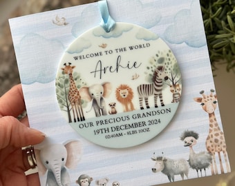 Grandson, Great Grandson or Nephew New Baby Blue Animal Personalised Keepsake Greeting Card