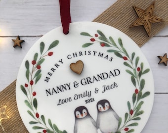 Personalised Nanny and Grandad Christmas Acrylic Tree Decoration, WITH GIFT BAG