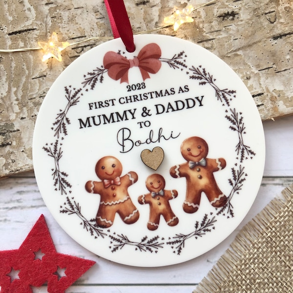 2025 Personalised First Christmas as Mummy and Daddy, Girl and Boy Option, Acrylic Christmas Tree Decoration WITH GIFT BAG