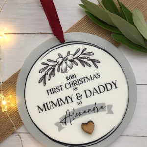 2023 Personalised First Christmas as Mummy and Daddy, Acrylic Christmas Tree Decoration WITH GIFT BAG