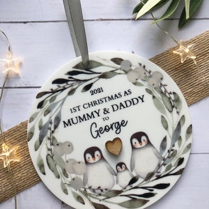 2023 Personalised First Christmas as Mummy and Daddy, Acrylic Christmas Tree Decoration WITH GIFT BAG