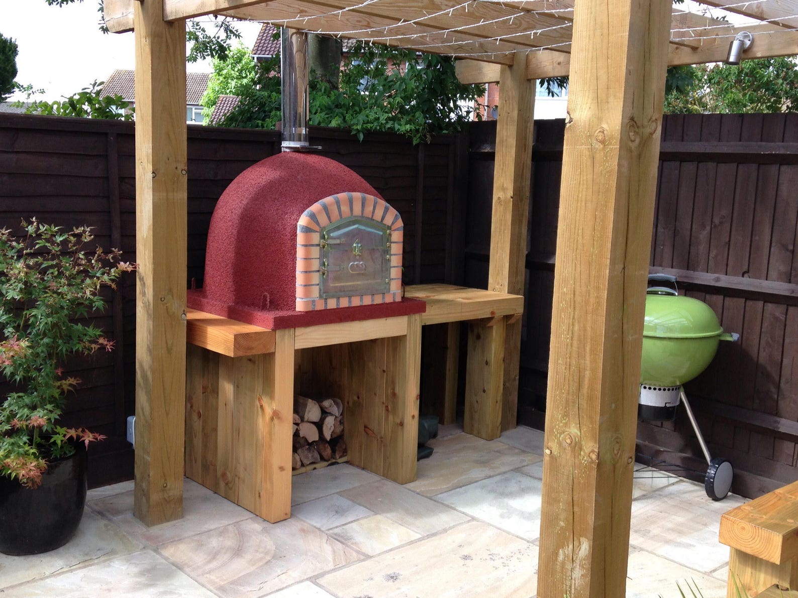 Pizza Oven Stand Made Out of Sleepers With Wood Store and Work Station