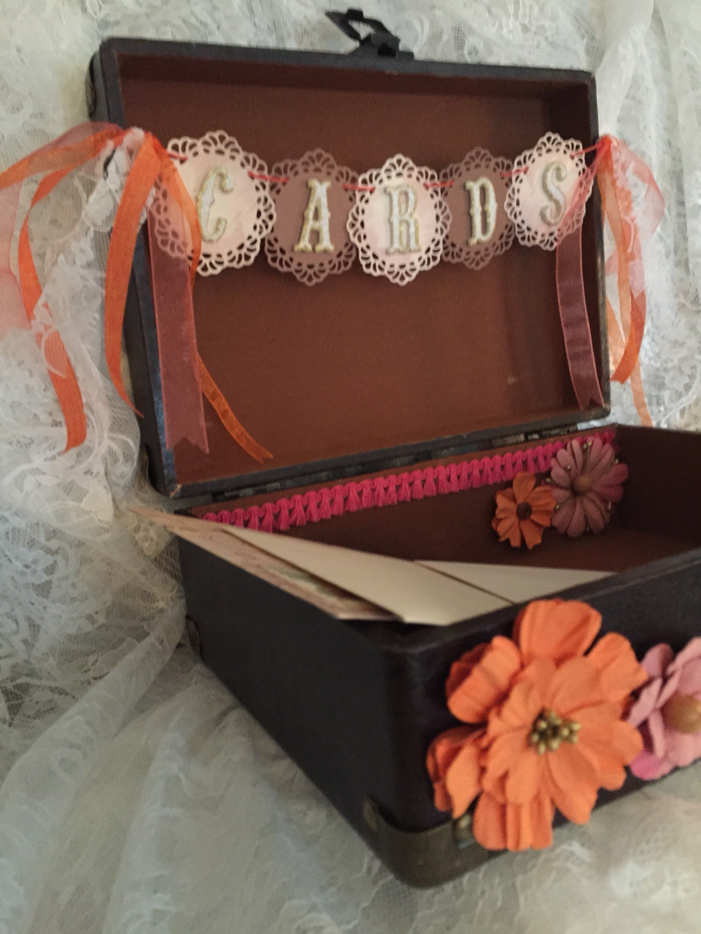 Orange Wedding decorWedding suitcase card holderOrange and pink Vintage wedding Card Box Vintage card holder Boho Wedding