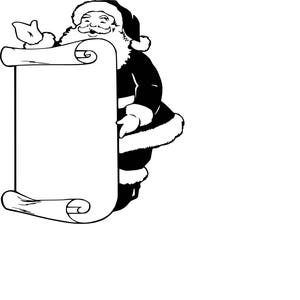 Peut inclure: Illustration en noir et blanc du Père Noël tenant un rouleau vide. Le rouleau est enroulé en bas et a un dessus décoratif.