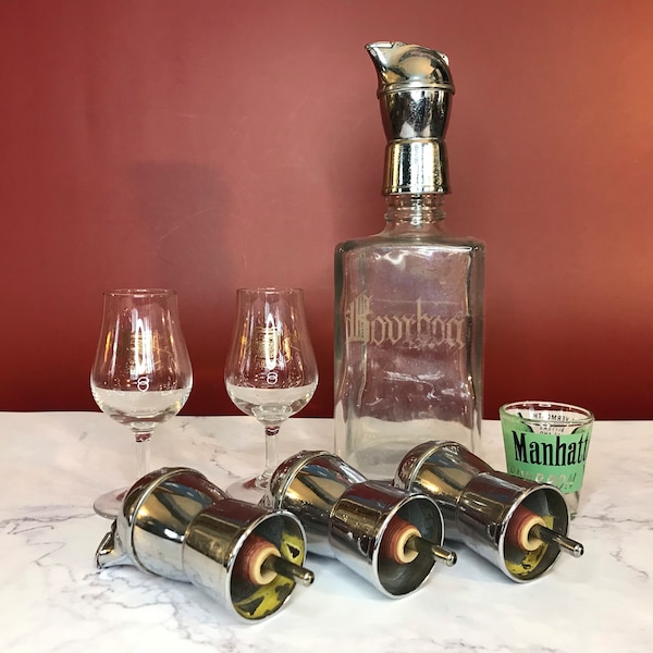 Vintage Bar Accessories - Four Mid Century Chrome Penguin Bottle Pourers - Pair Gold Signed Martell Cognac Taster Glasses