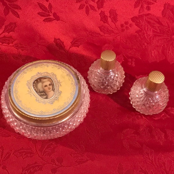 Sweet Empty Bedroom Dresser Set to Include Two Duray perfume Bottles and a Mirror Lidded Power Jar
