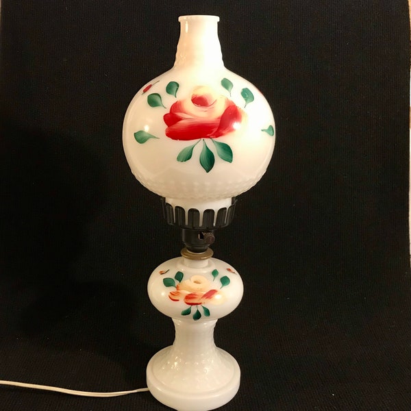 Very Sweet Vintage Accent Hurricane Style Hand Painted Roses on Milk Glass Accent Lamp with Hobnail Pressings & Electrified