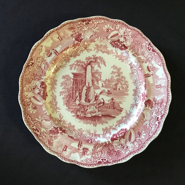 Over 150 Year Old W. Adams & Sons Ironstone Plate with Mulberry Red Transferware Depicting a Beautiful Garden Scene