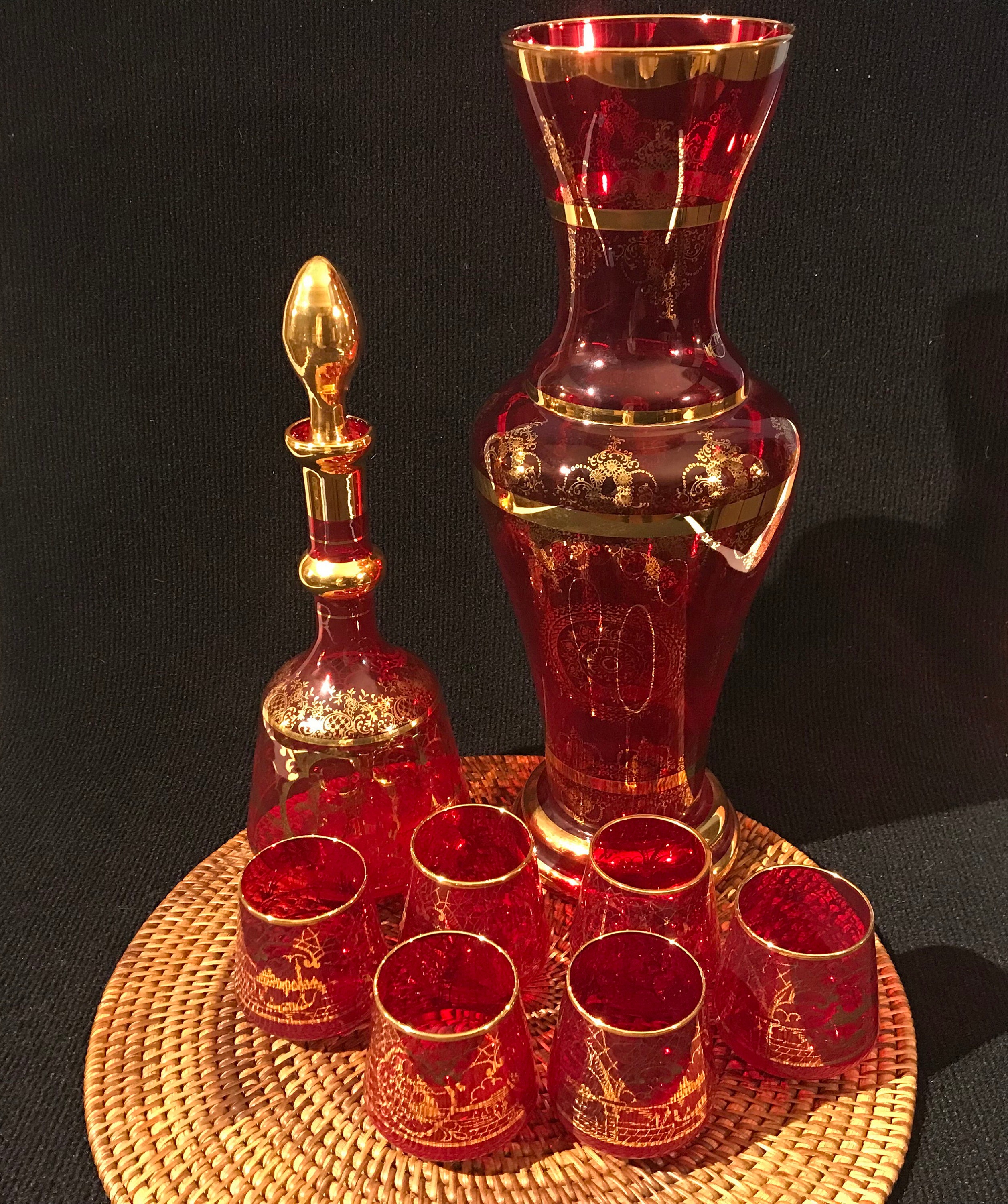 Incredible Hand Blown Gilded Red Glass Vase, Decanter and Six