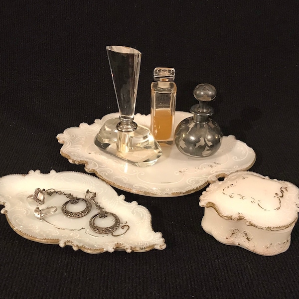 Antique Hand Decorated Opal Early American Pattern Glass Dresser Set - Perfume Tray, Trinket Tray and Powder Box c1900 Unknown Maker