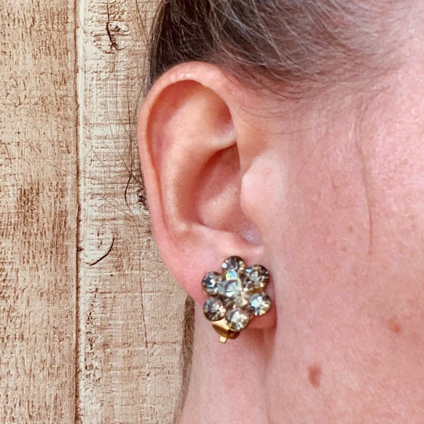 Smokey Diamante Flower Earrings | Vintage 1950s Clip On Non-Pierced Ears | Storm Grey Hue Stones | Bridal Wedding Cocktail Jewellery