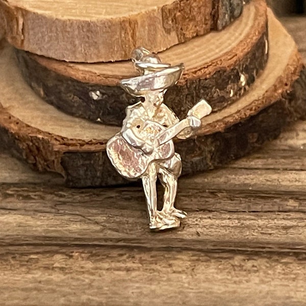 Vintage Solid Silver Mexican Guitarist Charm | Spanish String Instrument | Necklace Bracelet Pendant | Mexico Guitar Musician Mariachi Gift