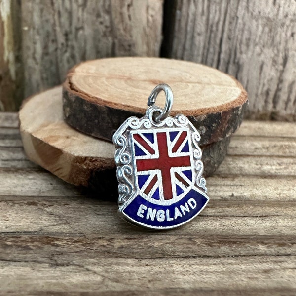 Charm vintage en argent massif émaillé d'Angleterre | Rétro Royaume-Uni Londres Grande-Bretagne | Collier souvenir Bracelet pendentif | Bouclier touristique Union Jack