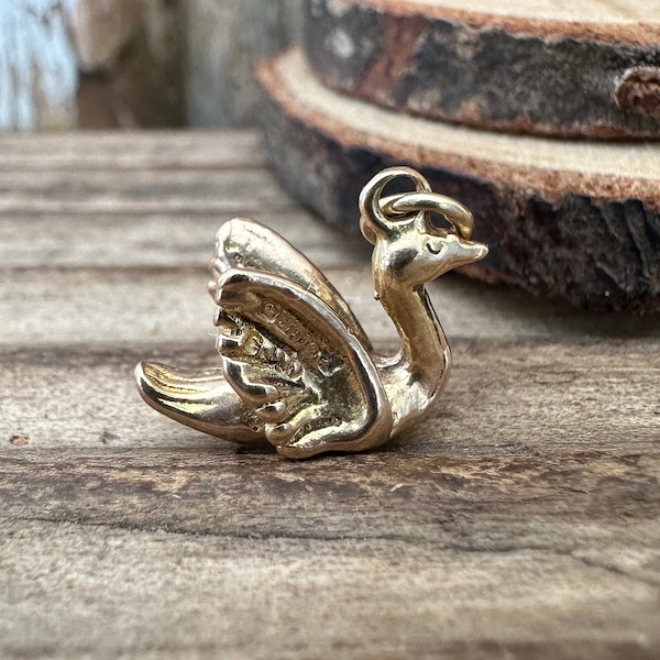 Vintage 1973 Solid 9ct Gold Swan Charm | Quack Duckling White Black | Swimming Bird Jewellery | Necklace Bracelet Pendant | Ballet Love Gift