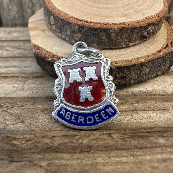 Vintage Silver Enamel Tourist Shield Charm | 1961 Hallmarked Aberdeen Scotland Birthplace | Souvenir Necklace Bracelet Pendant | Scottish