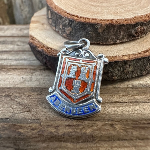 Vintage Silver Enamel Tourist Shield Charm | Aberdeen Scotland Birthplace University | Souvenir Necklace Bracelet Pendant | Scottish Gift