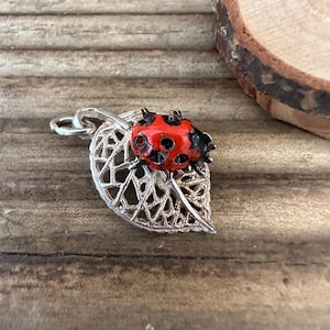 Vintage Nuvo Solid Silver Ladybird Charm, Old Red Enamel Ladybug Leaf Bug Garden Insect, Necklace Bracelet Pendant, Collectible Gift Her