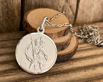 Vintage St Christopher Silver Necklace | Unoaerre Italian Protection Charm | Mens Pendant Travel Talisman 20&quot; Chain | Baptism Luck Christian
