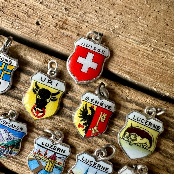 Vintage Silver Switzerland Tourist Shield Charms | Old Swiss Coat Arms Flags | European Travel Birthplace Souvenir Necklace Bracelet Pendant
